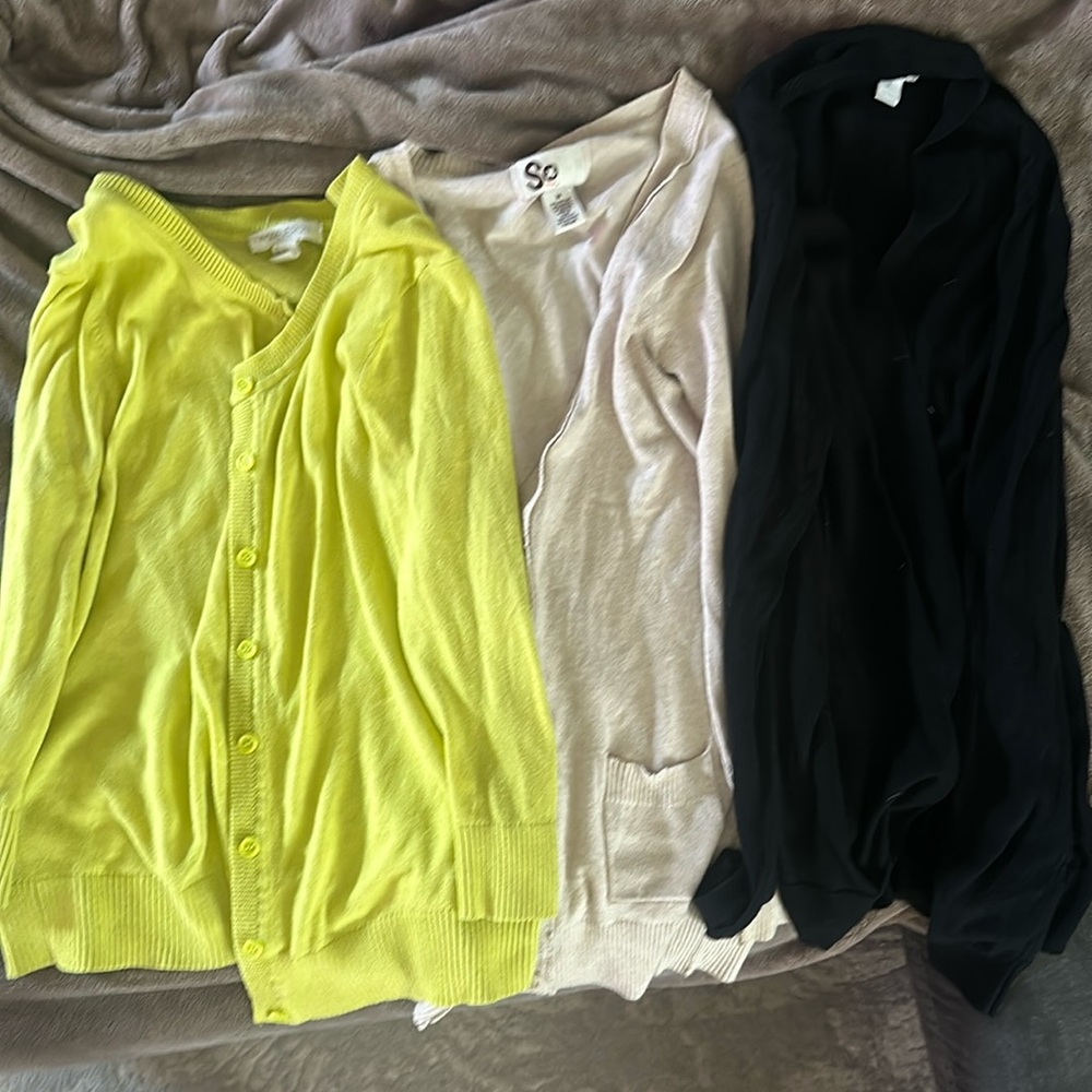 3 cardigan bundle. Juniors size M. Black, lime yellow/green & tan